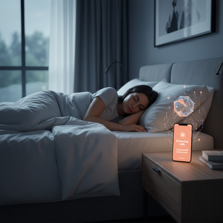 Property manager relaxing with family while AI handles evening calls