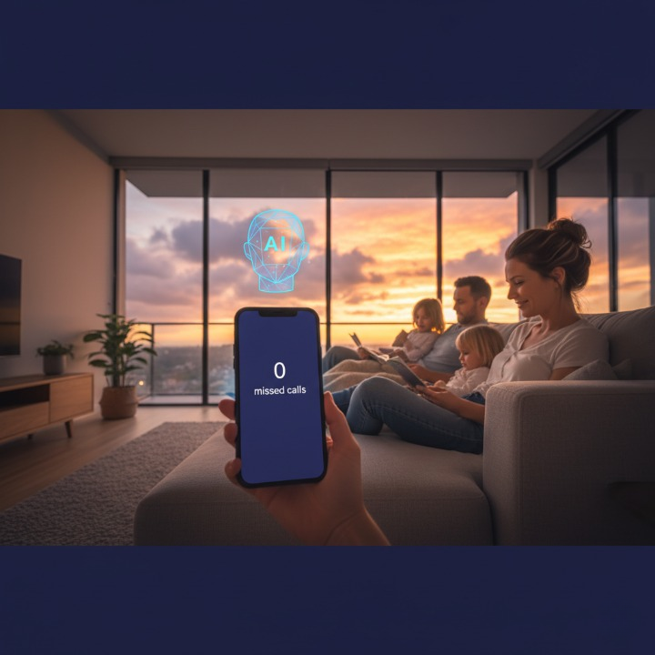 Property manager relaxing with family knowing AI handles all calls 24/7