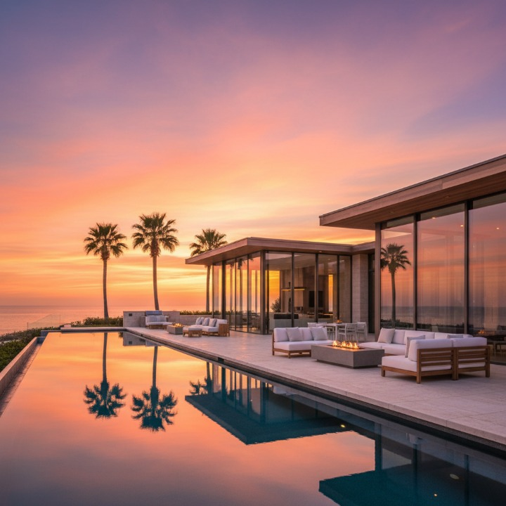 Luxury vacation rental property at golden hour symbolizing hope and new beginnings