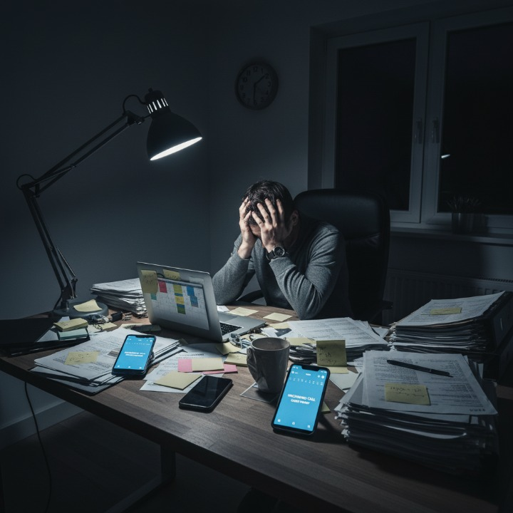 Overwhelmed property manager at desk surrounded by phones showing breaking point