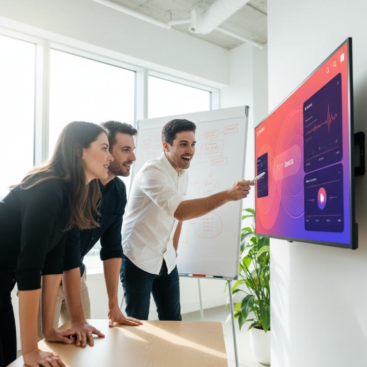 Three founders working together with AI interface representing breakthrough partnership