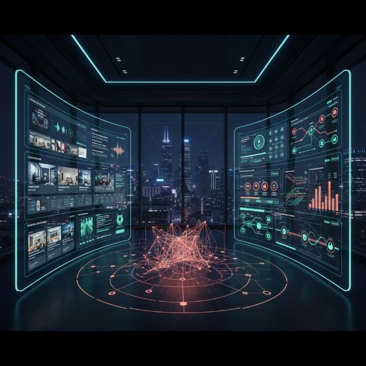Futuristic property management dashboard showing AI-powered operations