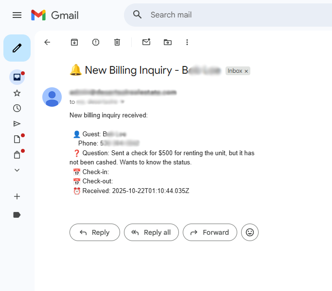 Billing Inquiry notification example