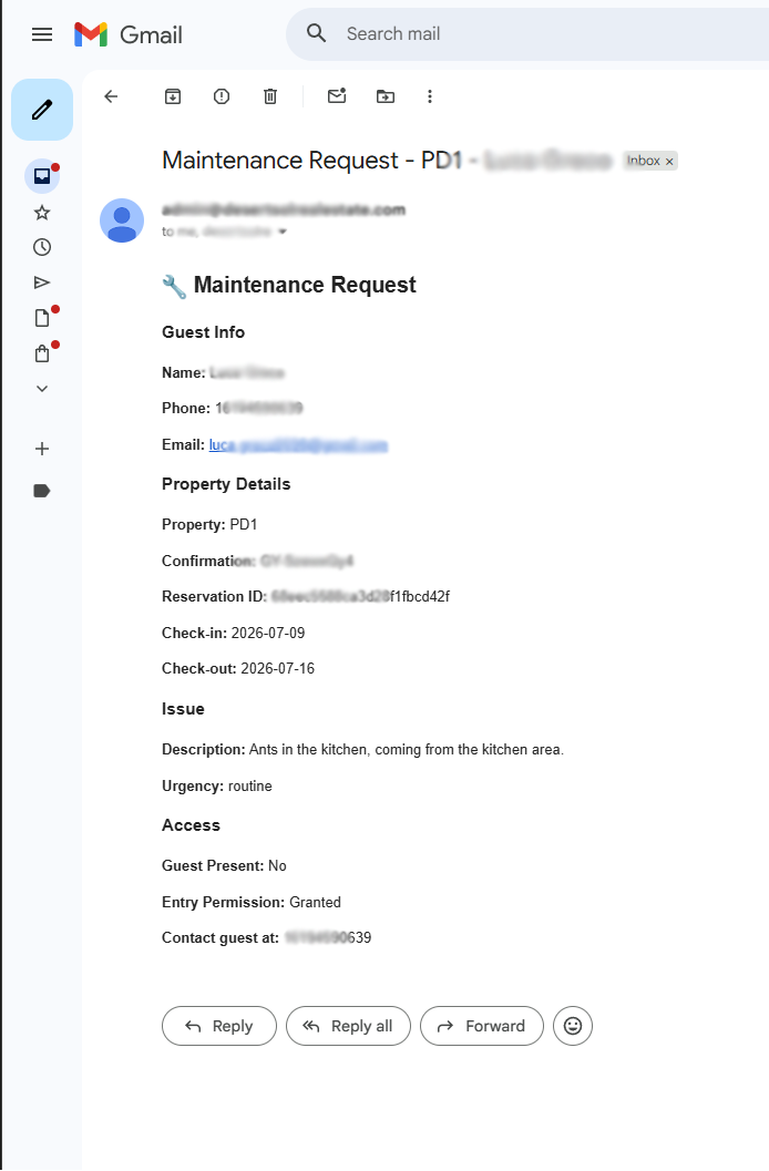 Maintenance Request notification example