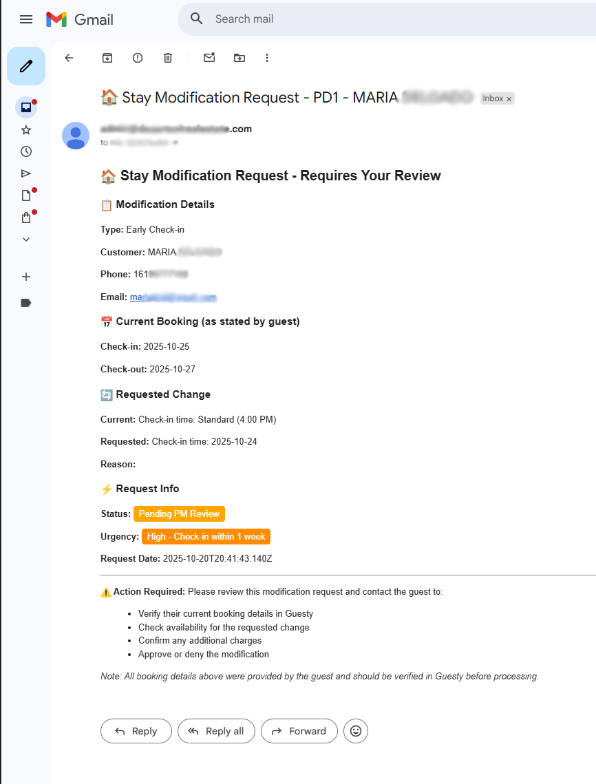 Reservation Modification notification example